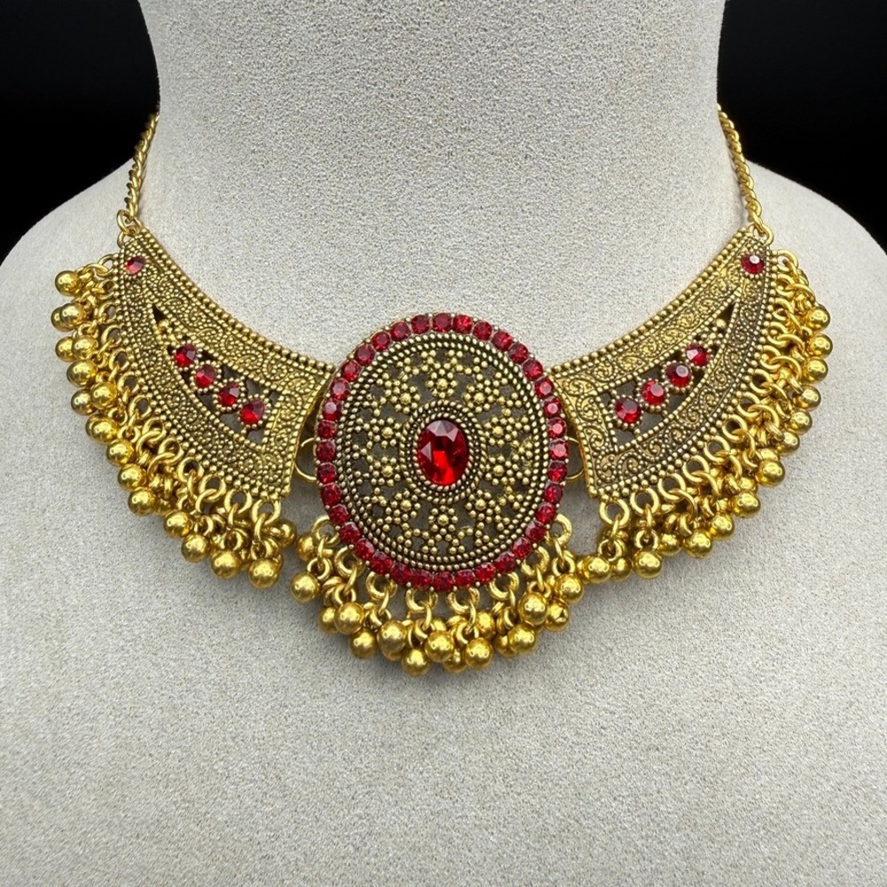 Ethnic Bib Necklace Gold Tone Red Glass Rhinestones Egyptian Revival 14"